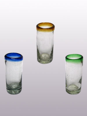 MEXICAN GLASSWARE / Blue & Green & Amber Rim 2 oz Tequila Shot Glasses (set of 6) / Perfect for parties, this set includes two shot glasses with each colored rim: cobalt blue, emerald green and amber.